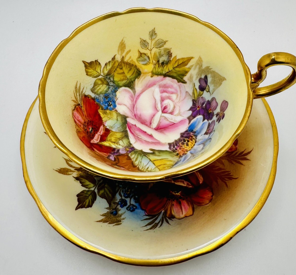 Vintage Aynsley England Bailey Cabbage Rose Gold Cup & Saucer