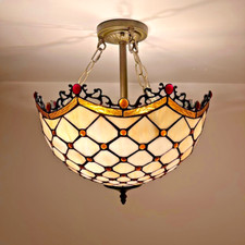 Tiffany Style Ceiling Lights Beige Stained Glass Crystal Beans 16"H 16"W 16"D