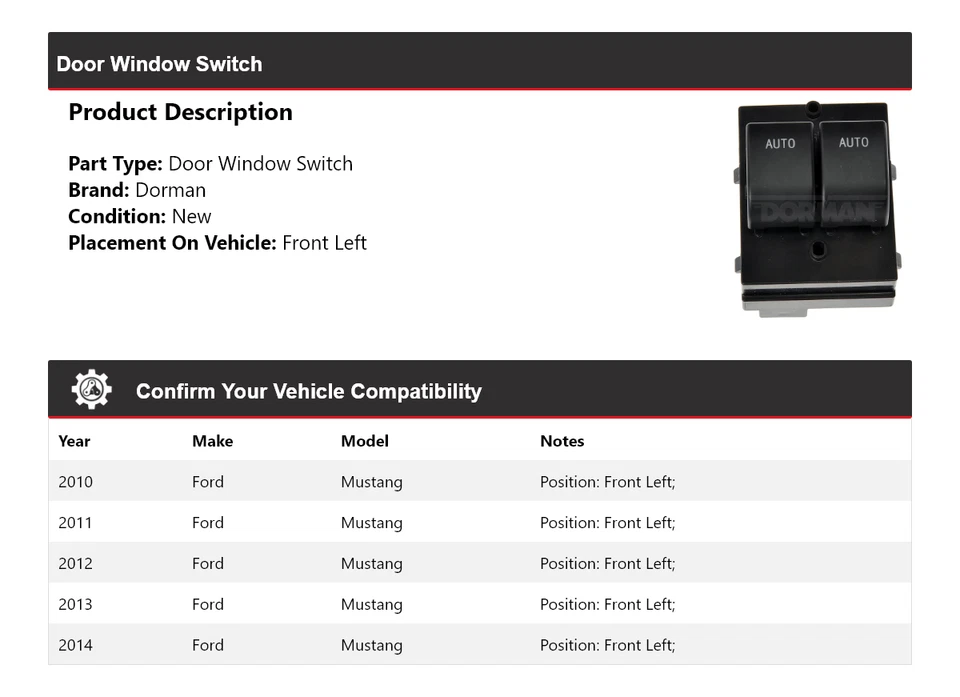 Interruptor de ventana de puerta delantera izquierda para Ford Mustang Dorman 2010-2014 2011 2012 2013 Foto 2 de 4