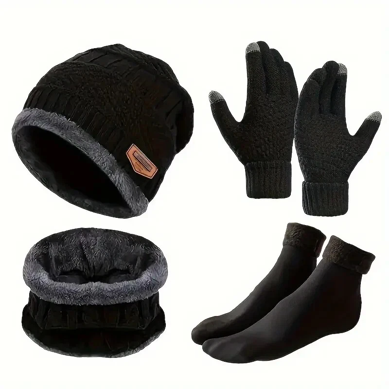 4-Piece Cozy Winter Accessory Set - Soft Knitted Beanie, Thermal Insulated Black