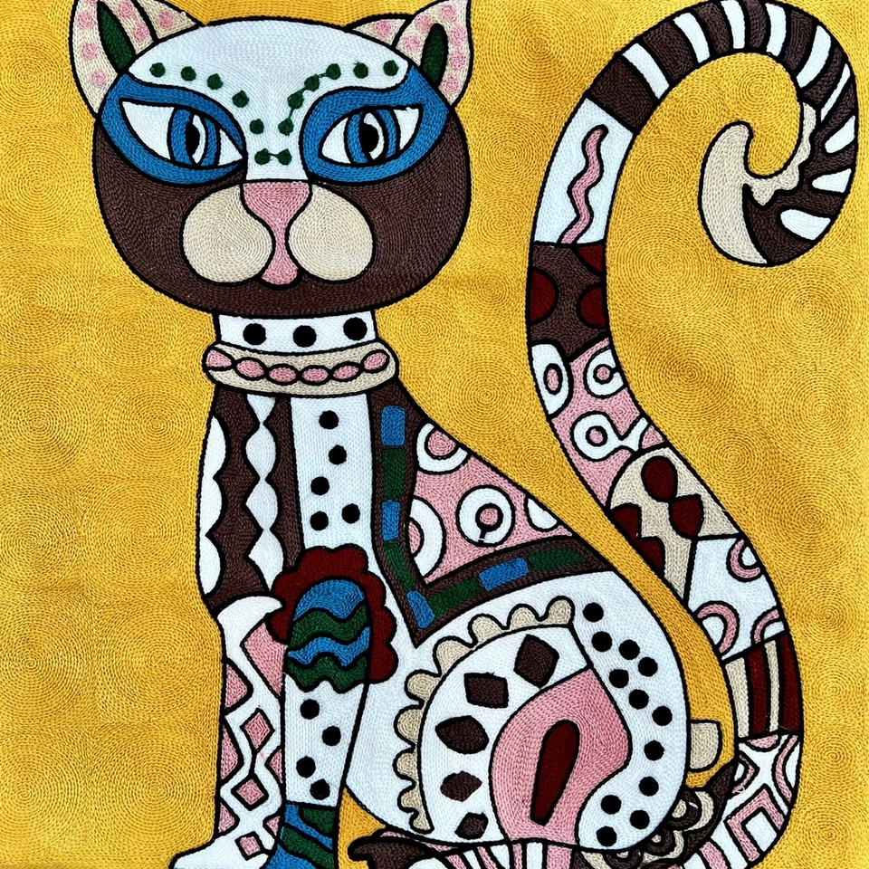 Laurel Burch Inspired Abstract Cat Embroidered Throw Pillow Cover 18x18 - Image 3 of 4