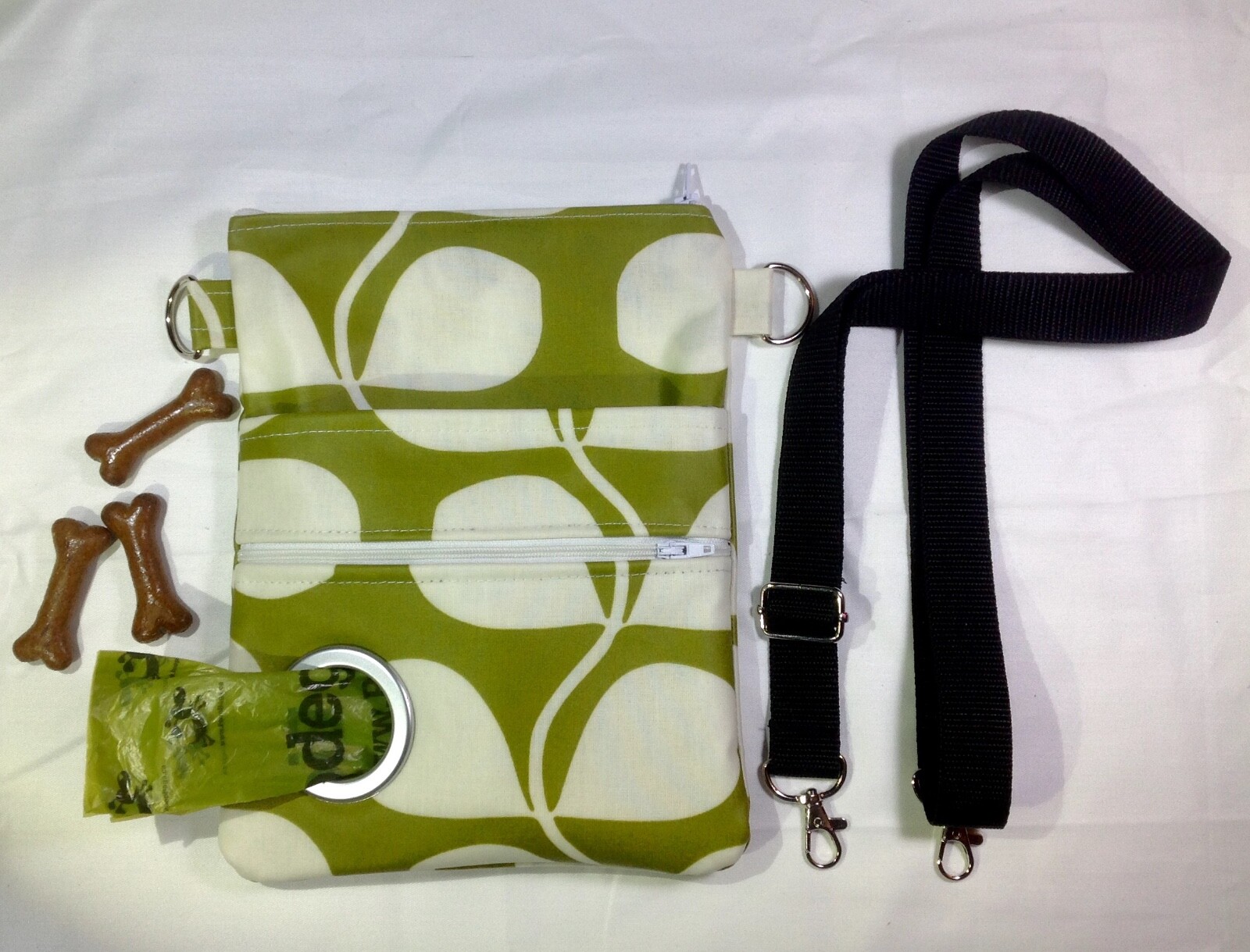 Dog Walking cross body bag, Handmade in Orla Kiely Olive linear stem