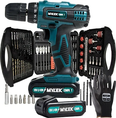 Mylek Cordless Drill 2 Batteries 18V Li-Ion Driver Set Screwdriver Kit 118PCE