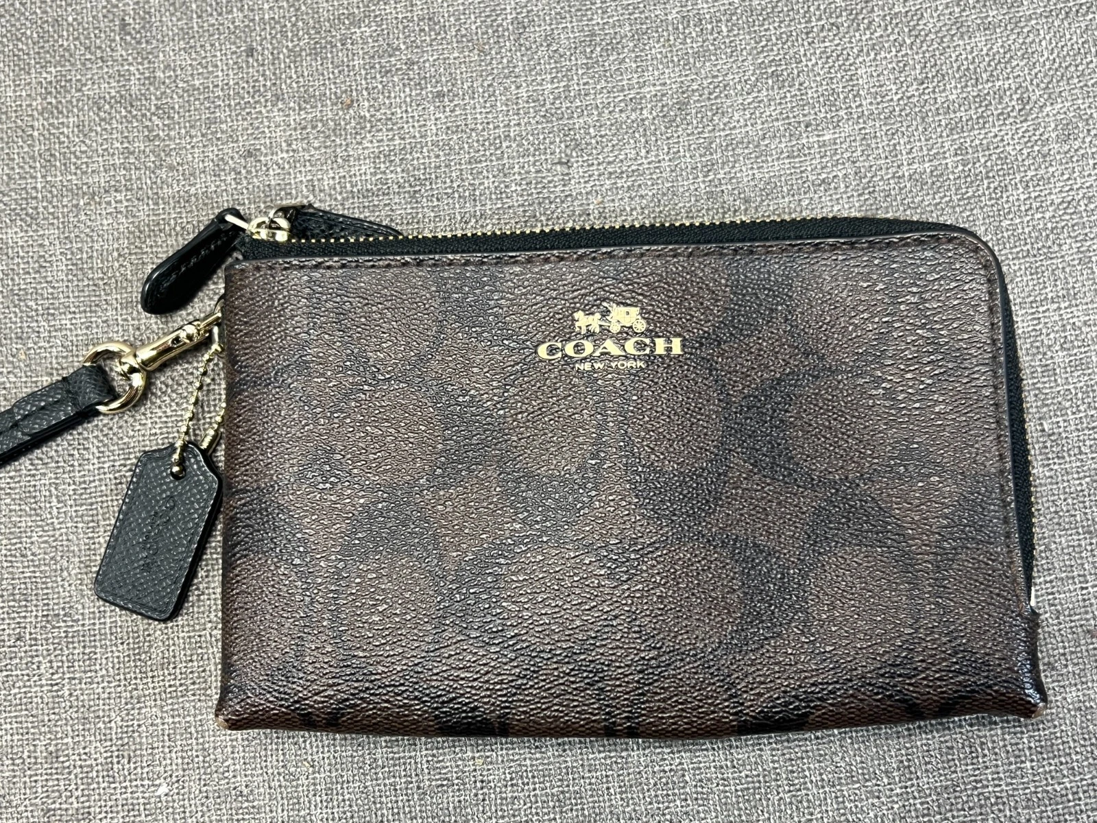 Autentico bracciale portafoglio COACH doppia zip marrone PELLE KHAKI perfetto