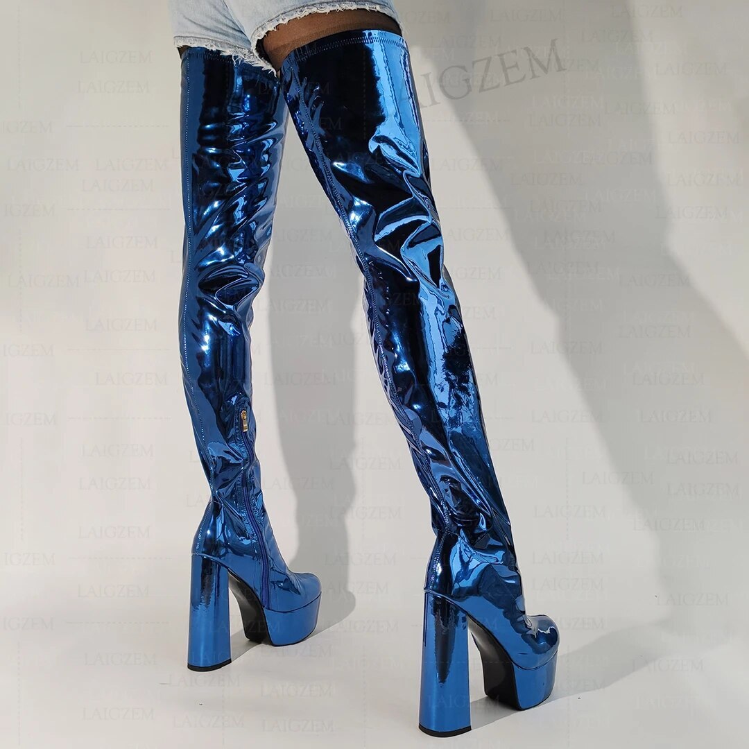 Women Thigh High Boots Platform Block High Heels Side Zip Over Knee ...