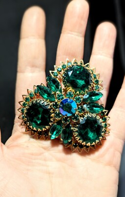 Vintage Signed Judy Lee Emerald And AB Rhinestone Brooch - No Missing Stones