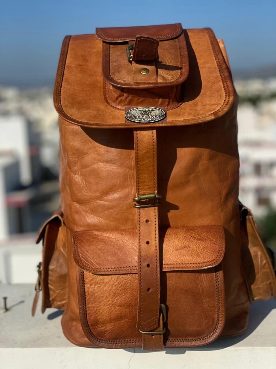 Men's Women's 20" Leather Backpack Rucksack Daily Use Genuine Travel Vintage Men