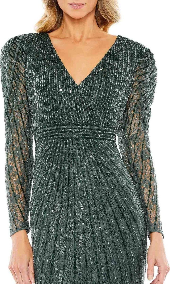 mac duggal beaded deep-v neck lace dress Pink Floral Applique Long Sleeve Illusion Gown