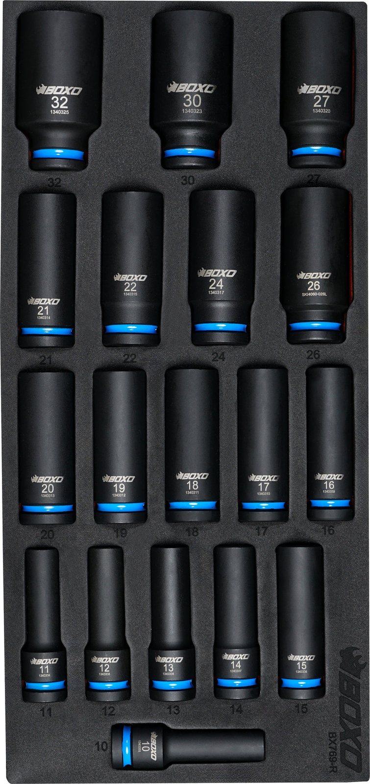 Boxo BX769-R 1/2"" Drive Deep Impact Socket Set In Foam - 18 Piece