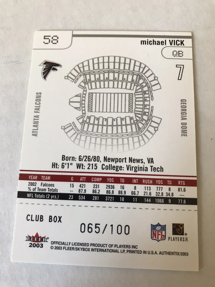 2003 Fleer Authentix #58 Michael Vick Club Box /100 Atlanta Falcons - Image 2 of 2