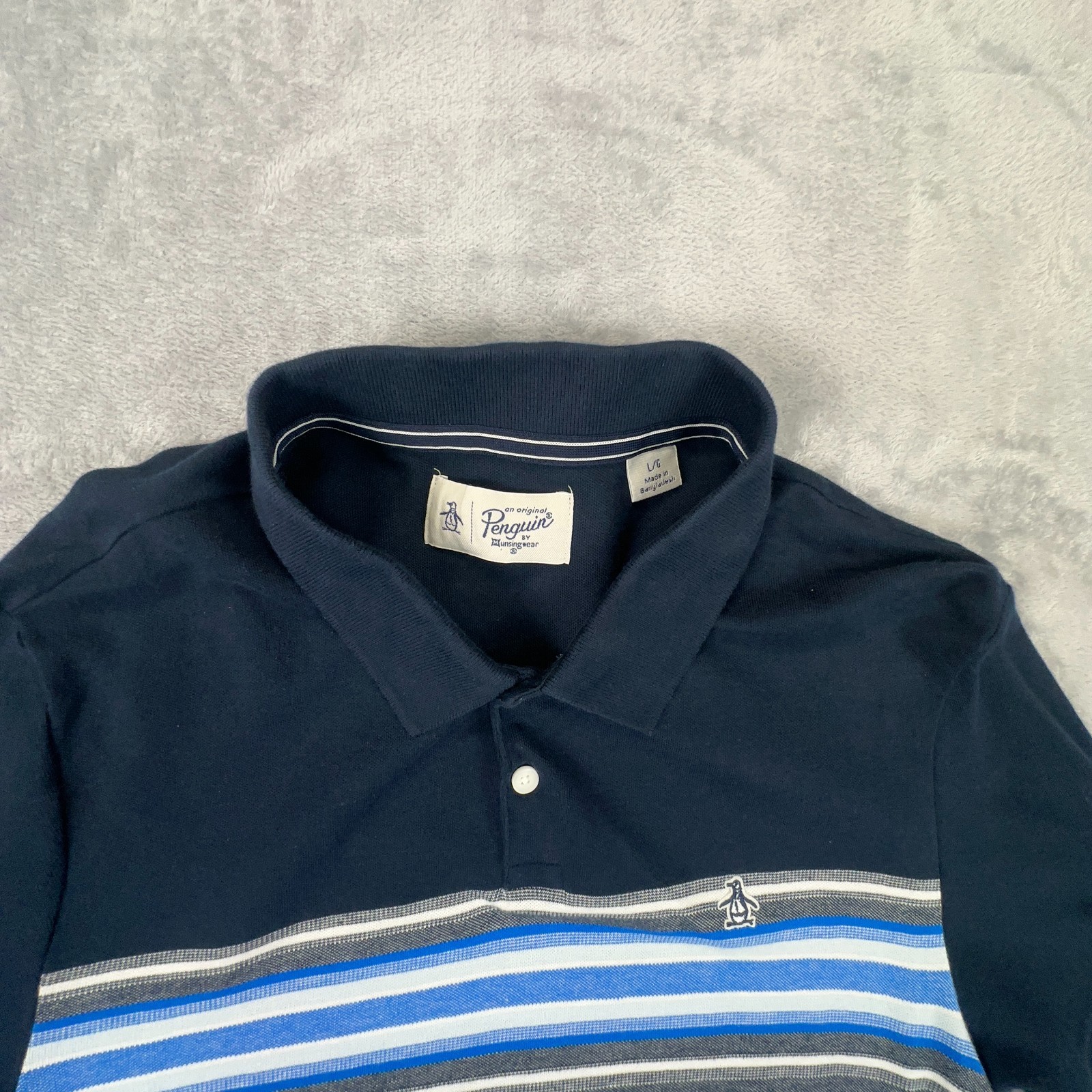 Original Penguin Men’s Grey Striped Polo T-Shirt Size XL Very Good Condition