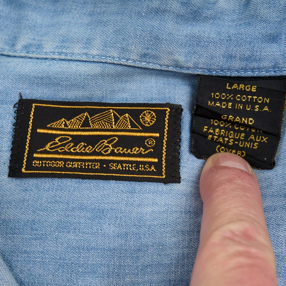 Vintage Eddie Bauer Denim Shirt Mens L Blue Cotton Short Sleeve Button Up USA - Image 4 of 4