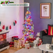 Image of Pre-Lit Artificial Christmas Tree Hinged Pencil Xmas Tree W/ 190 LED Lights 5FT