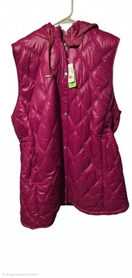 Women s Pink Hooded Quilted Puffer Vest Full Zip Pockets Mid-Length Size M