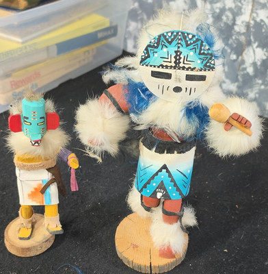 2 Handmade Native American Style Kachina Dolls, Painted Wood Carved Fur Feathers