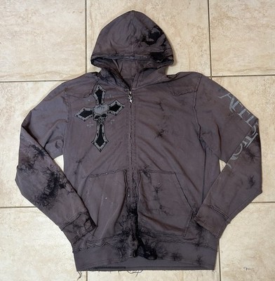Affliction Mens Live Fast Full Zip Hoodie Size 2XL Y2K Distressed