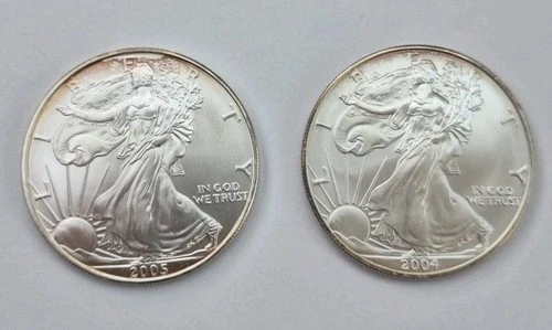 2) 2004 & 2005 American Silver Eagle Lot. Gem UNCIRCULATED. Edge Color