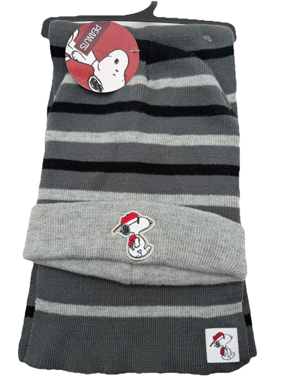 Peanuts Snoopy gray striped knit beanie and scarf winter set by Berkshire.