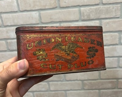 Vintage Union Leader Cut Plug Tobacco Tin Circa Early 1900s Collectible Metal Bo
