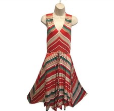 Ralph Lauren Orange-Multi Chevron Asymmetrical Hem V-neck Self-Tie Dress Large
