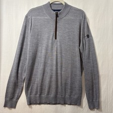 Johnnie-O Reynor Merino Wool Quarter Zip Suede Trim Sweater Mens Large Gray Logo