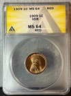 1909-VDB Lincoln Wheat Cent ANACS MS64 Red