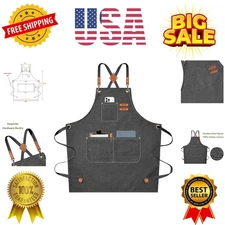 Chef Aprons for Men Women with Large Pockets, Cotton Canvas Cross Back Heavy ...