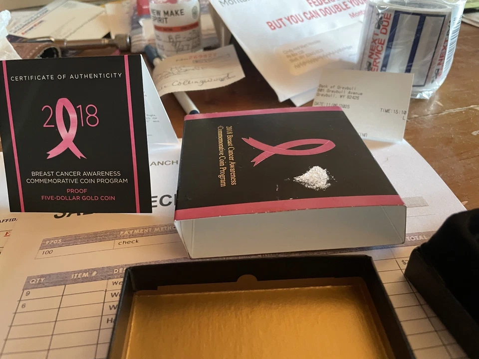 Moneda de 5 dólares de oro conmemorativa de concientización sobre el cáncer de mama 2018 con prueba OGP Foto 2 de 3