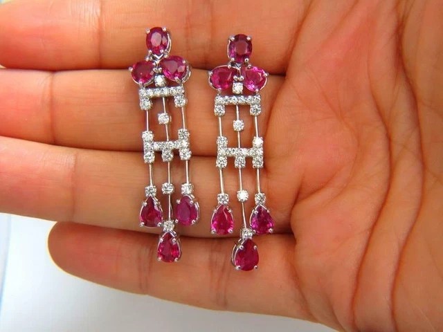 Bonitos aretes colgantes para mujer con rubí rosa simulado corte pera enchapados en oro blanco de 14 k