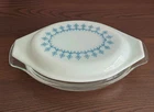 Vintage PYREX Snowflake Casserole Dish, White & Turquoise Blue