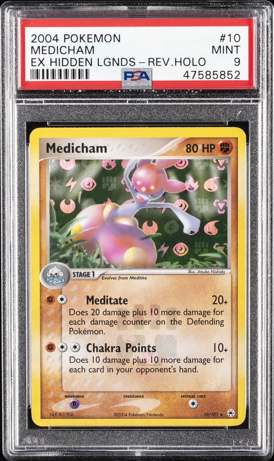 2004 POKEMON EX HIDDEN LEGENDS #10 MEDICHAM-REVERSE FOIL PSA 9