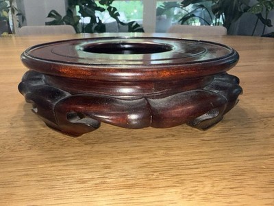 Vtg Rosewood round base display Lotus stand for vase, flowerpot Lamp ~8-9 