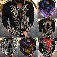 Camicia uomo alla moda stampa barocca abbottonata manica lunga stile fitness mus