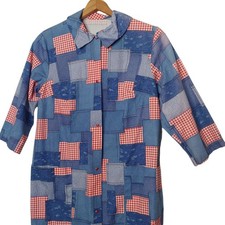 Vintage House Dress S/M Patchwork Denim Red Plaid Print Snap Nightgown Granny