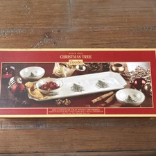 Spode Christmas Tree Rectangular Tray w/ 3 Dip Dishes Set 4 Pc Boxed Safe