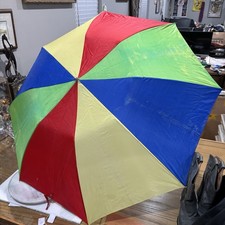 Vtg Rainbow Colorful Umbrella 80s Retro Striped Rain Sunny 43 Diameter