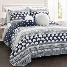 Lush Decor Elephant Stripe Reversible Quilt Twin Size 4 Piece Set Navy -