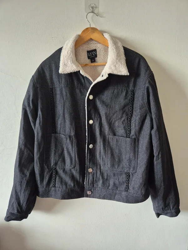 BooHooMAN Borg Lined Denim-Style Aviator Dark Grey Jacket Size