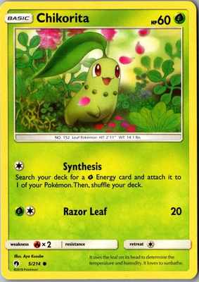 #ad Chikorita 5 214 Common SM Lost Thunder LP Pokemon Card $1.99