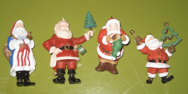4 Hallmark SANTA Christmas Ornaments, no boxes. 1990, Shh1998, 2000 Bell tree 