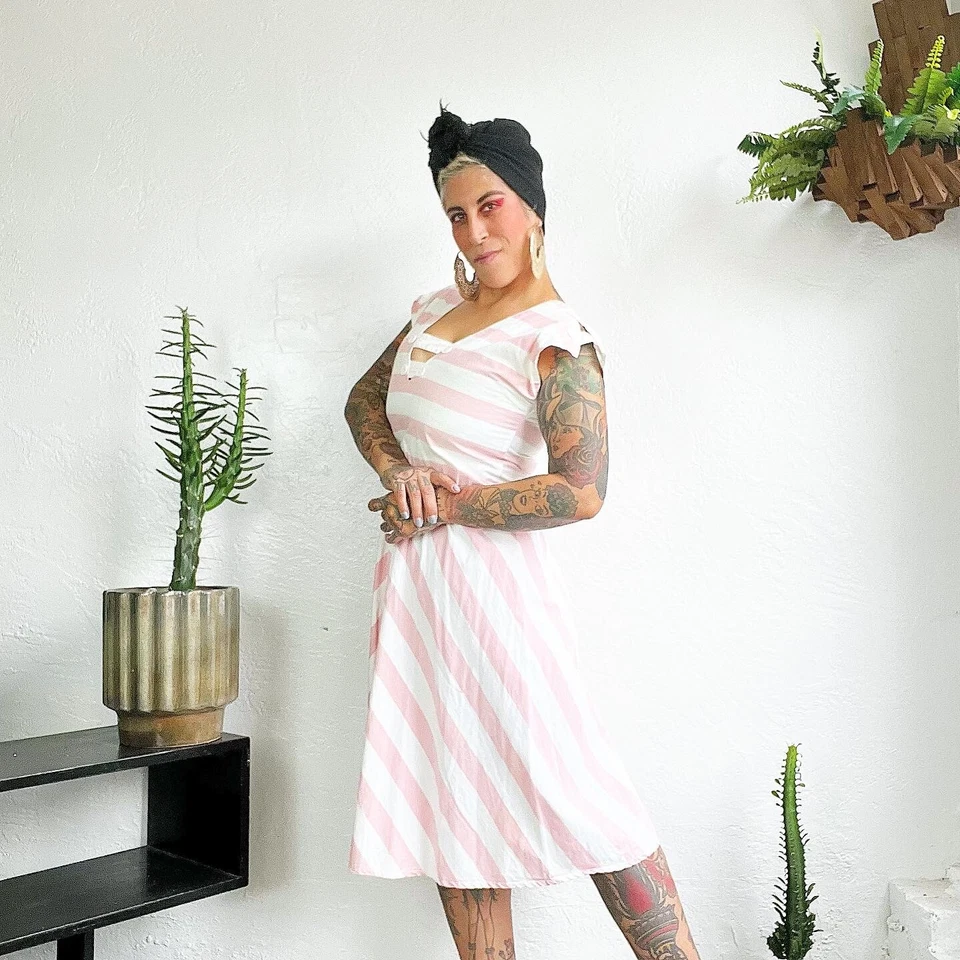 Vestido Solero Rosa y Blanco Años 80 Vintage Chevron Algodón Rayas Marinero S M Foto 3 de 4