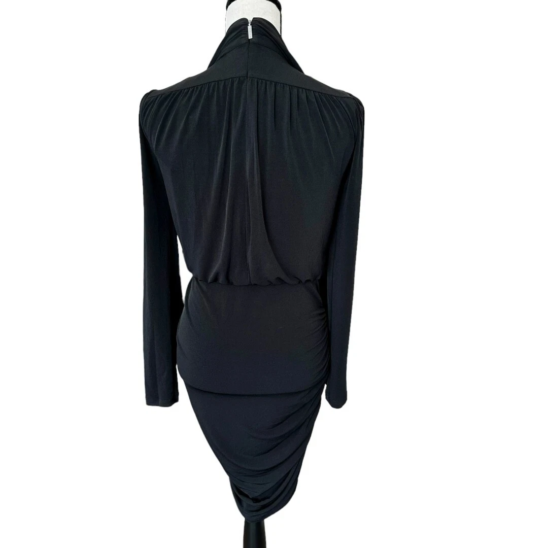 Abito donna Michael Kors opaco scollo a cravatta increspato nero manica lunga tinta unita S nuovo