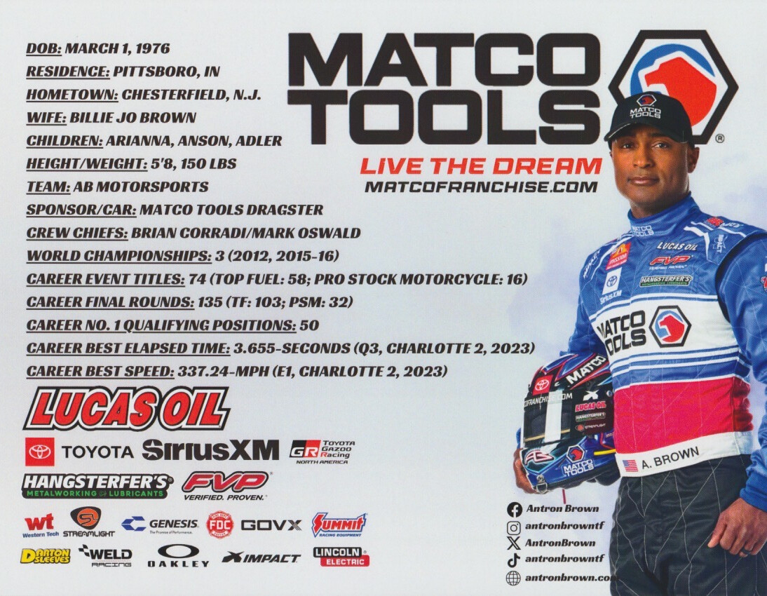 2024 Antron Brown signed Matco Tools Top Fuel NHRA Hero Card