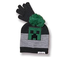 Minecraft Creeper Kids Bobble Knitted Beanie Hat  Gloves Set, One Size