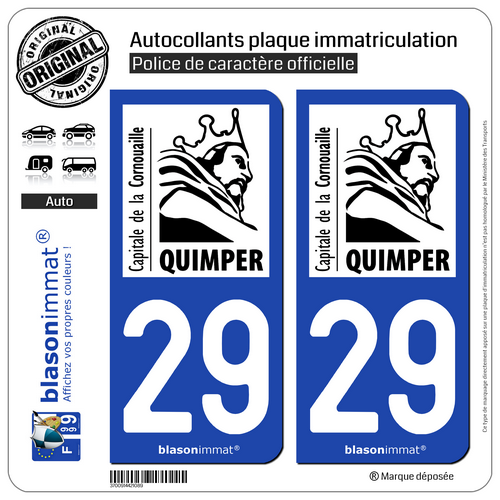 2 Stickers autocollant plaque immatriculation : 29 Quimper - Tourisme - Photo 1/3
