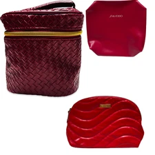 3 pack SHISEIDO Red Pink Faux Leather Zipper Close Makeup Bag Travel Pouch NEW