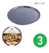 3 x Teglia da Forno per Pizza Focaccia Dolci Rotonda Tonda Antiaderente Ø32 x H1