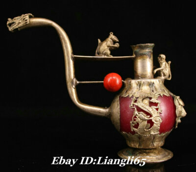 4 ''Old China Red Jade Silver Mouse Monkey Dragon Beast Head Wein Teekanne Flagon