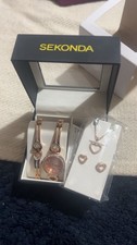Sekonda Rose Gold Plated Heart Crystal Watch Bracelet Necklace Earrings (RP-£100