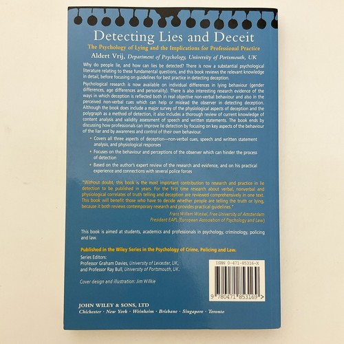 Detecting Lies and Deceit Aldert Vrij Paperback Book 2000 Psychology of Lying - Picture 13 of 19